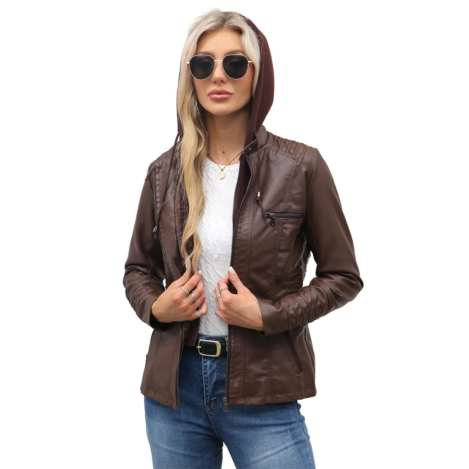 Basic Faux Leather Moto Jacket Hooded Zip Up Turn Down Collar Long Sleeve Pockets Loose Fit Detachable Casual Street Winter Coat