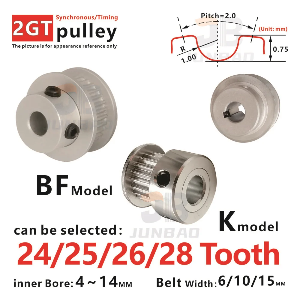 

24T/25T/26T/28T 2GT BF/K Type Timing Pulley width 7/11/16MM Bore 5-10MM 24/25/26/28Tooth GT2M Driving Synchronous Wheel 3D Parts