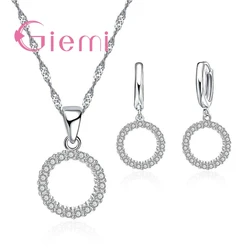 Pure 925 Sterling Silver Cubic Zircon Pendant Necklace Hoop Earrings for Women Lucky Forever Circular Full Crystal Jewelry Sets