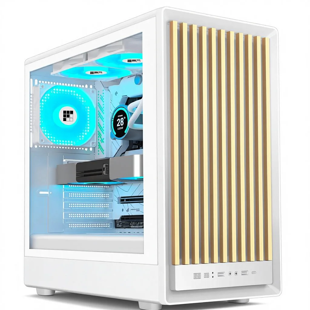 White Gaming PC Case With Walnut Front Panel Pre‑installed 4PWM ARGB Cooling Fans For Desktop DIY