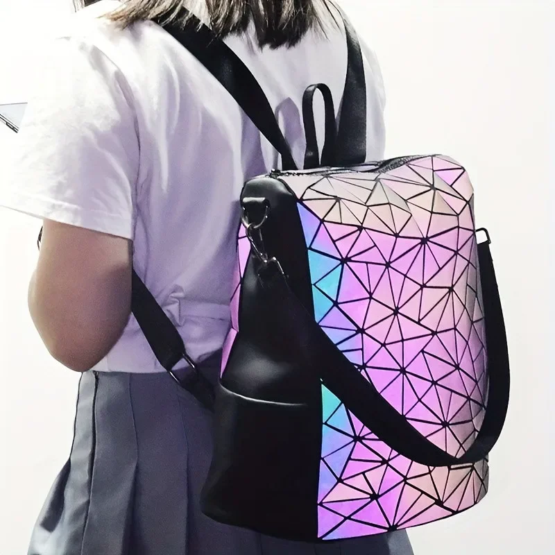 Fashion Women\'s luminous Backpack PVC holographic geometric School Bags For Teenage Girls mochila feminina travel Bagpack