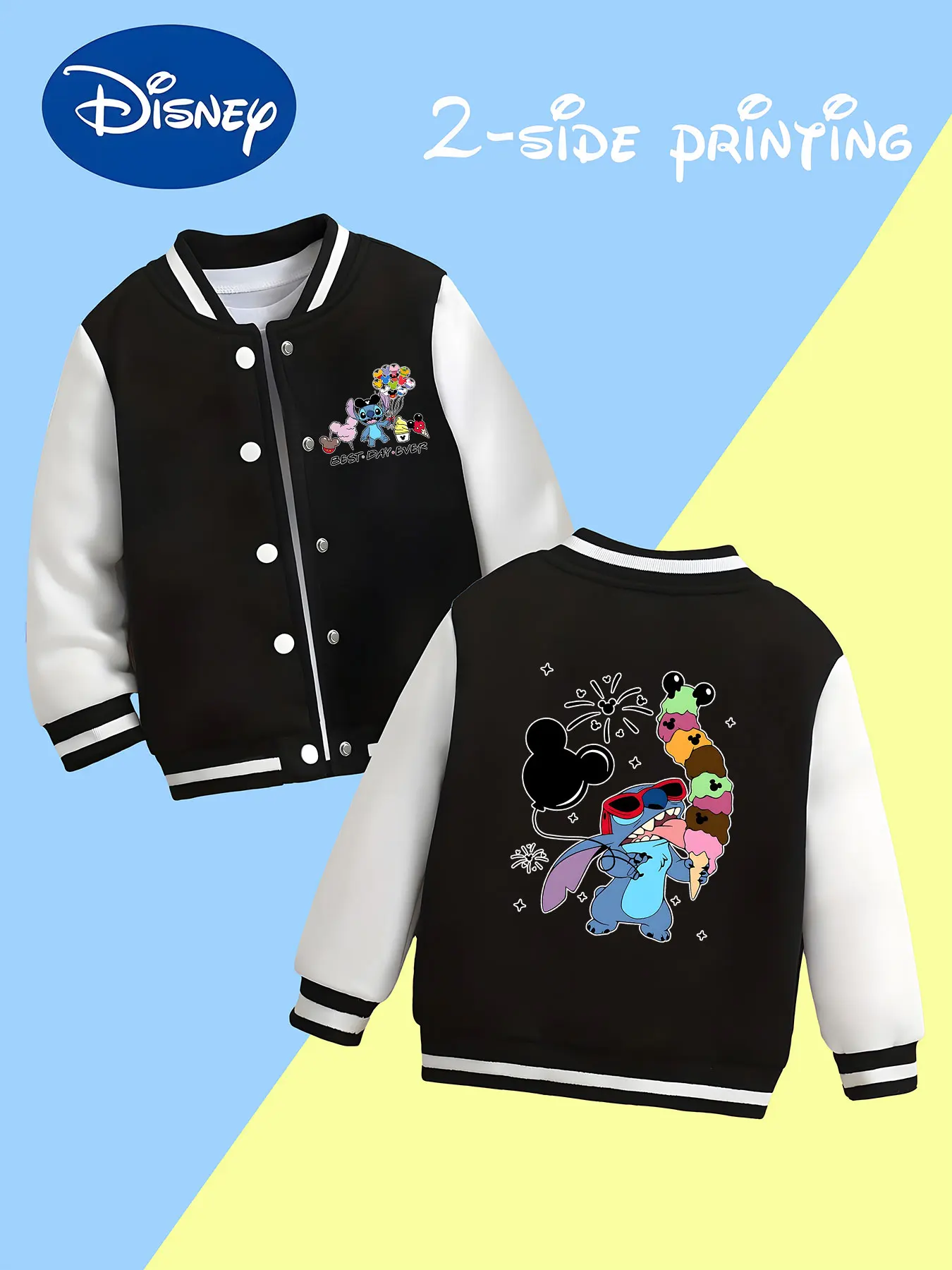 

MINISO Disney Stitch and Friends Baseball Jacket for Boys - Stitch Holding Ice Cream Fun Print, Trendy, Everyday Wear