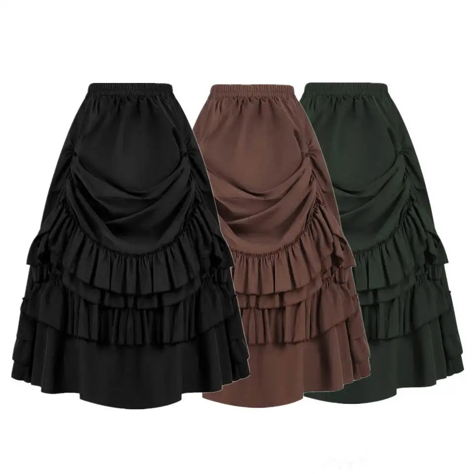 Vintage Gothic Long Skirts Women Girl Sexy Black Brown Green Ruffles Midi Skirt Medieval Victorian Steampunk Party Y2k Skirt
