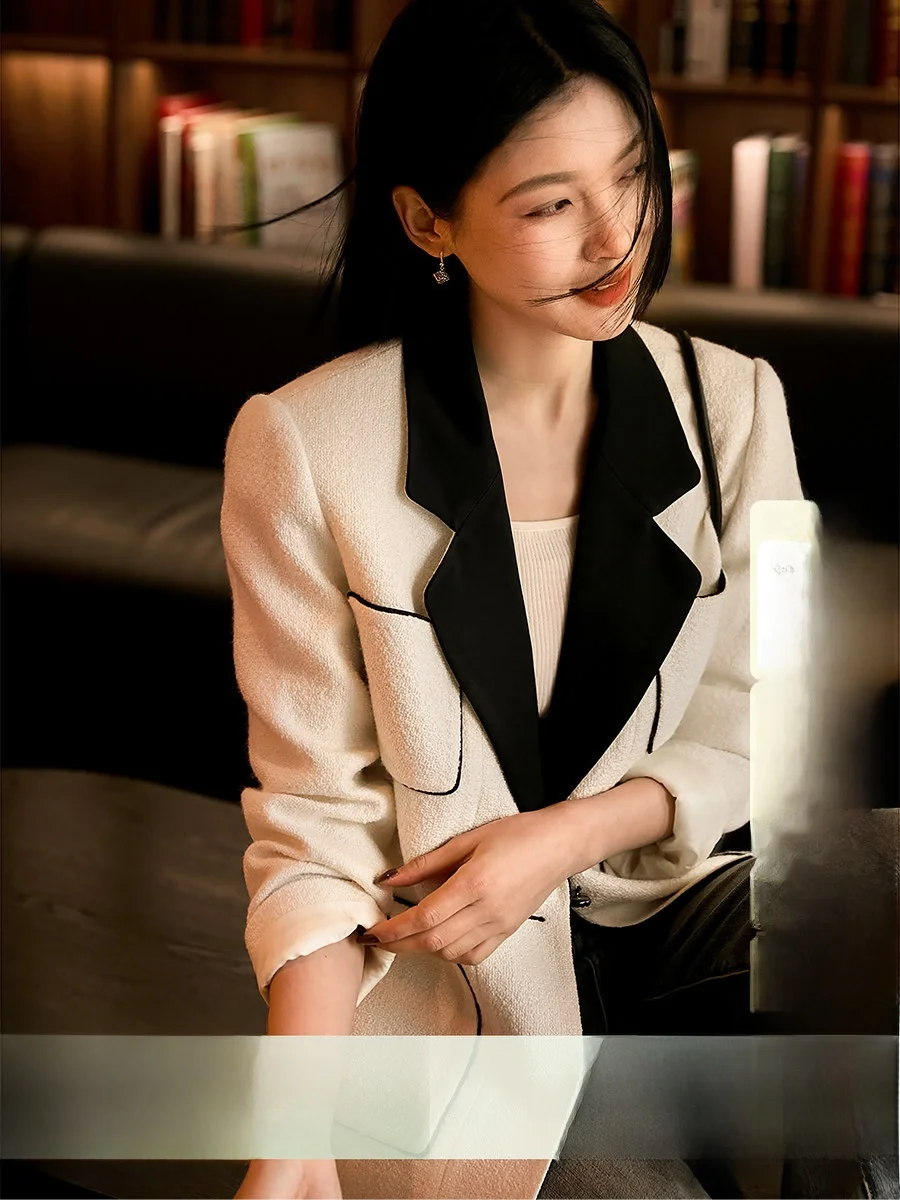 

Женский шерстяной пиджак Ele с отложным воротником, 3D-текстурой и широким клетчатым узором, готовый к повседневному образу, XHange