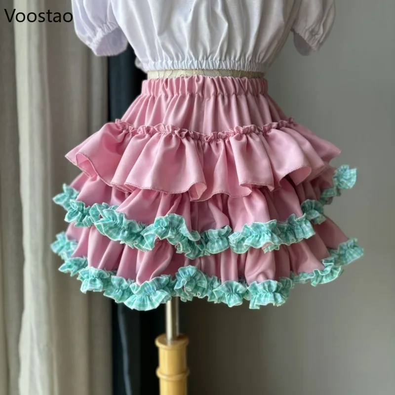 Słodkie spódnice Kawaii Lolita tort japońskie kobiety gotyckie Y2k falbany puszyste spodenki halki dziewczęce na co dzień moda spódnica Culotte