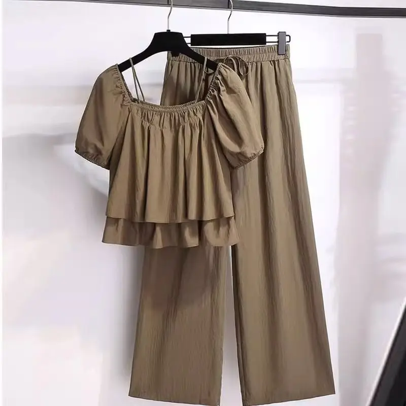 Setelan Dua Potong Wanita Celana Lebar Kasual Modis Musim Panas Anti Penuaan Trendi Ukuran Besar Pakaian Wanita
