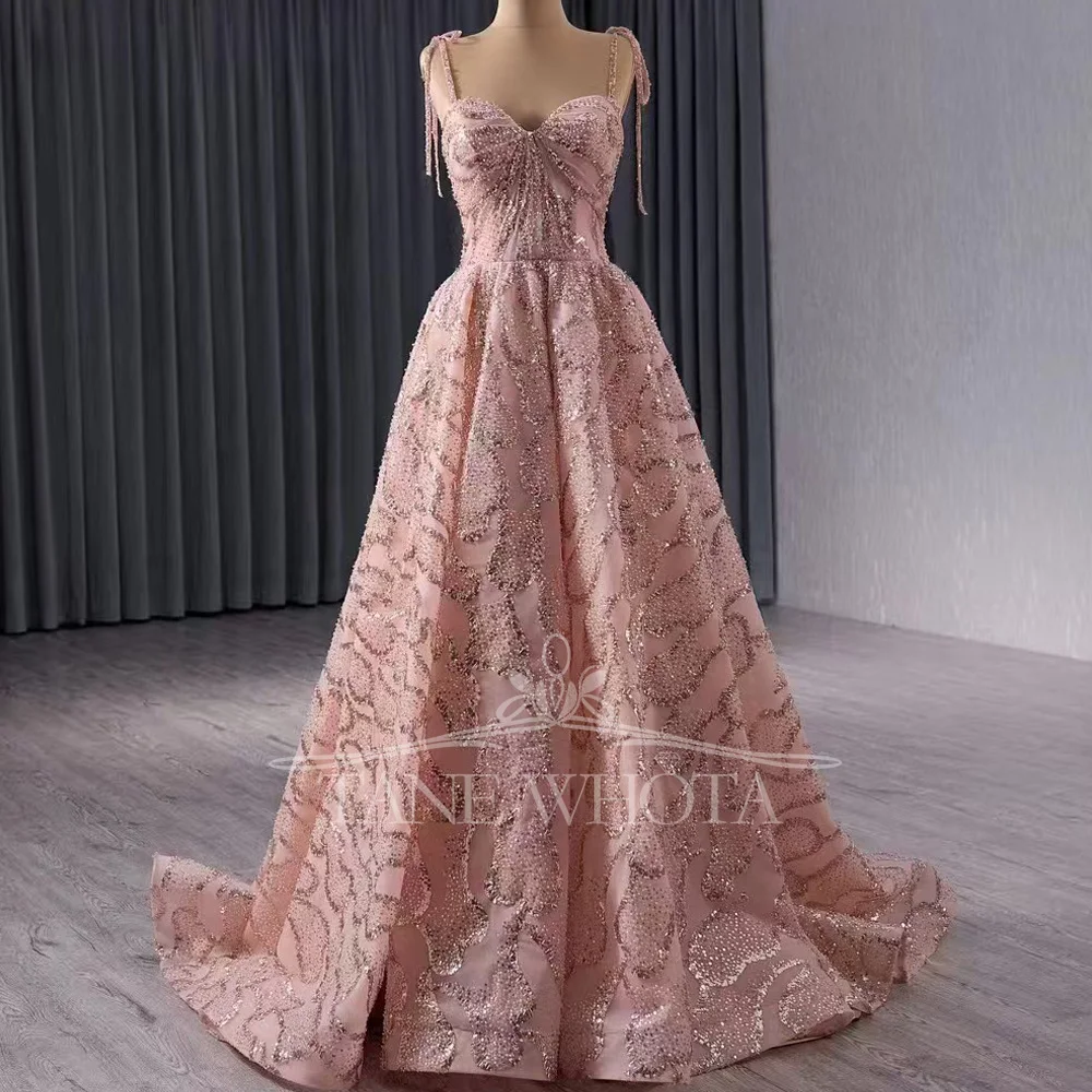 

Pink Spaghetti Straps Sleeveless Evening Dress With Lace Up Back Beading Sequined Customizable Fit For Special Occasions