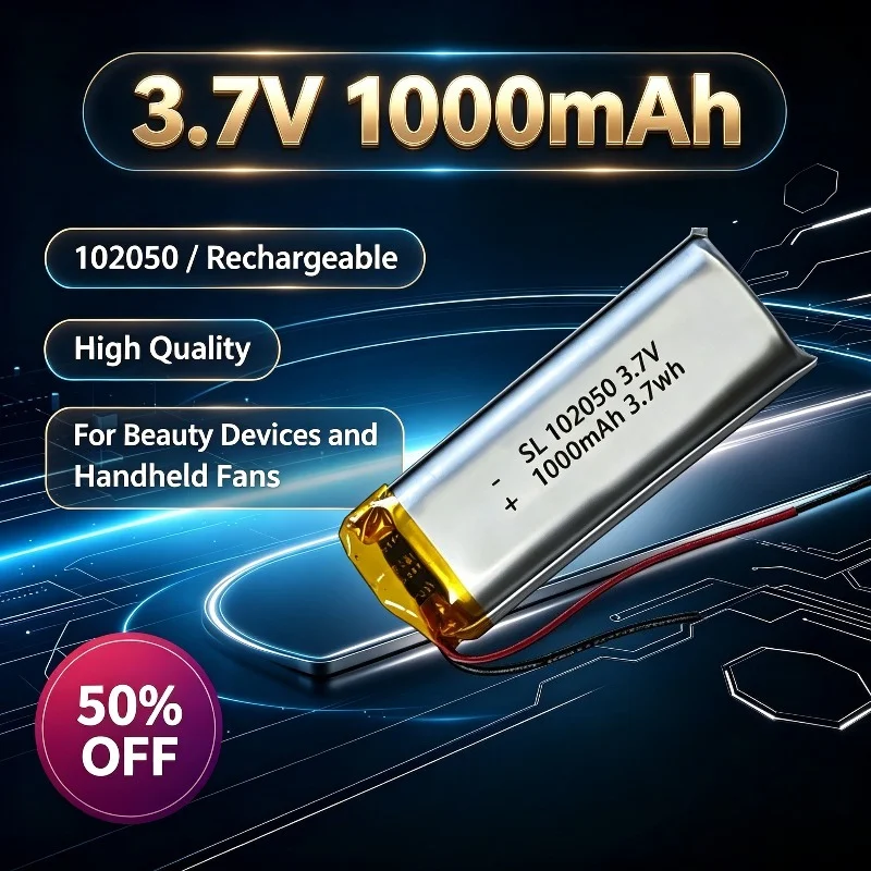 102050 3.7V 1000mAh Li-Polymer Battery for Beauty Device Handheld Fan Rechargeable 3.7Wh Replacement