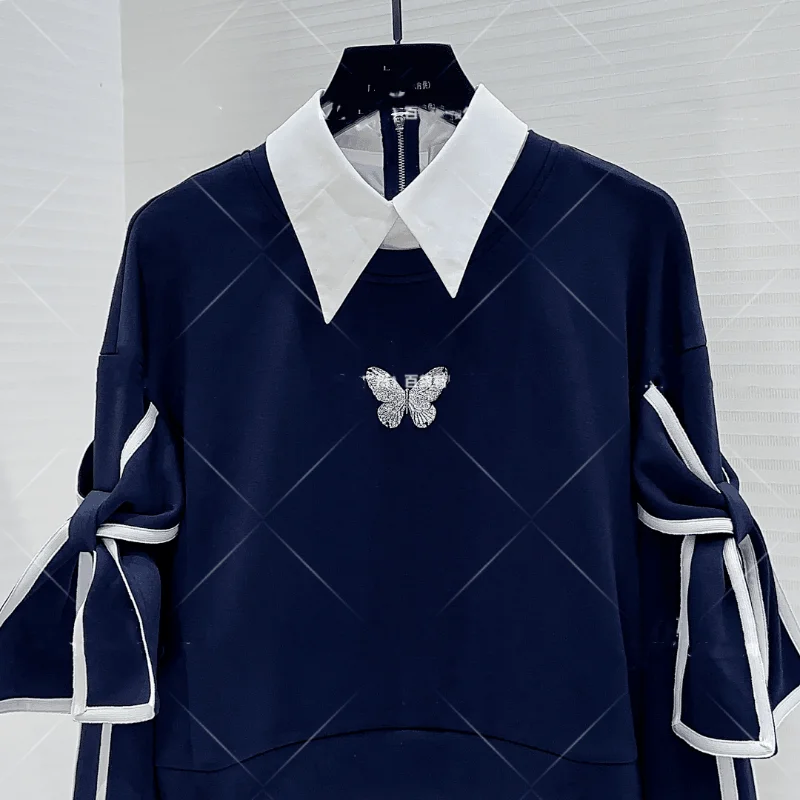 우아한 컬러 블록 리본 긴팔 스웨트셔츠 여성 슬림핏 스타일리쉬 탑