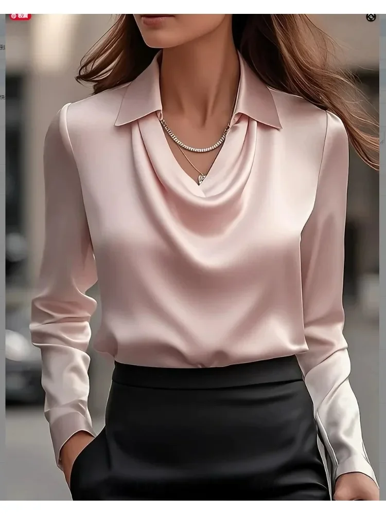 بلوزة قميص نسائية أنيقة بلون سادة وبسيطة وطية صدر السترة، قميص نسائي كاجوال بأكمام طويلة للتنقل