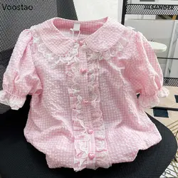 Japanischen Lolita Stil Spitze Plaid Blusen Sommer Frauen Kawaii Peter Pan Kragen JK Hemd Nette Mädchen Süße Puff Sleeve Blusas mujer