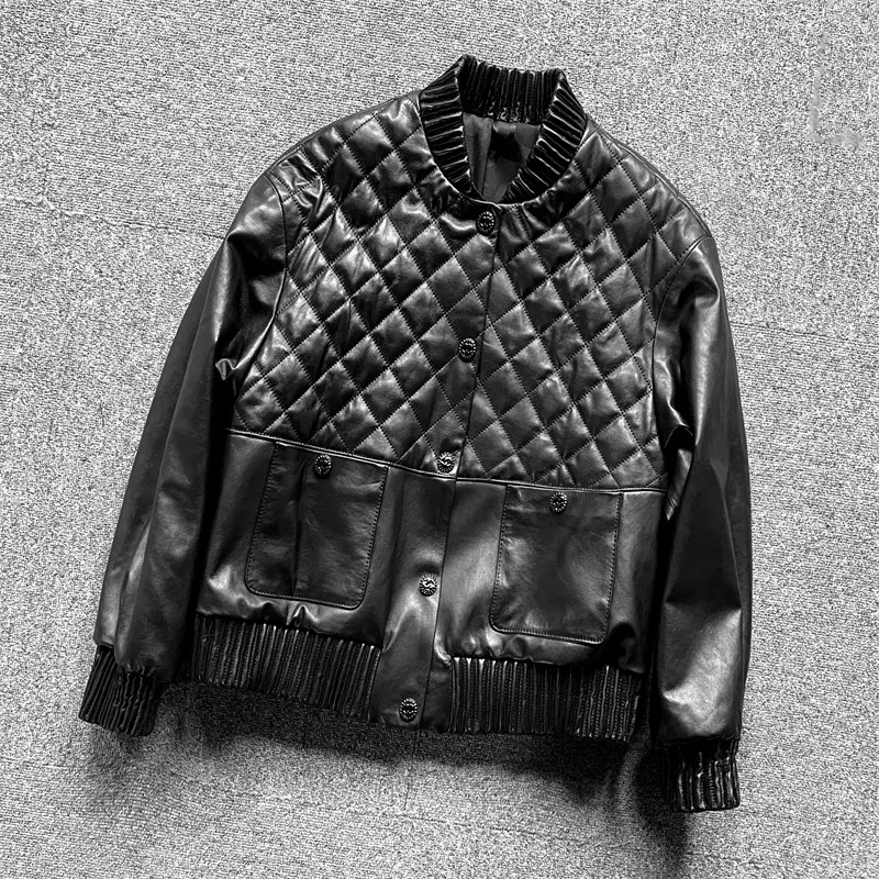 

Genuine leather jacket autumn/winter new fashion commuting style plaid design with snap closure and sheepskin top jacket