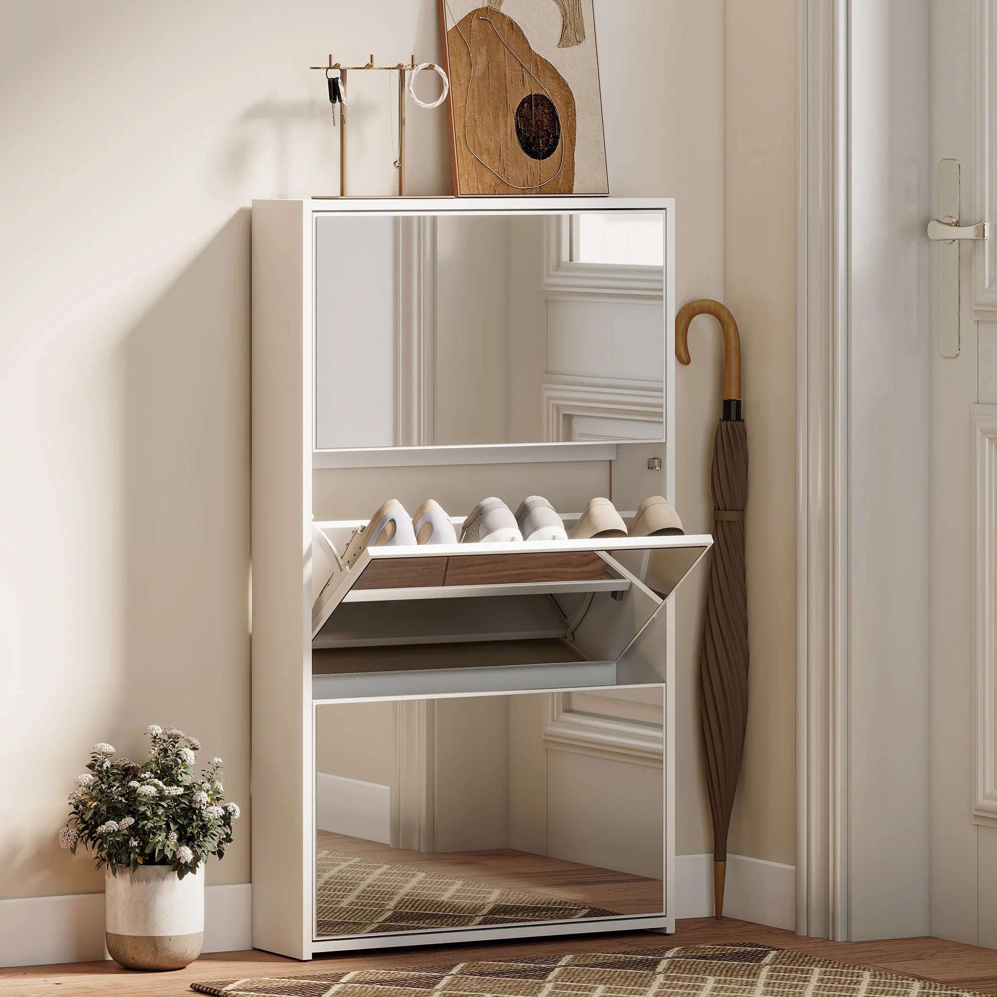 Zapatero para Entrada o Recibidor con 3 Puertas con Espejo, Zapatero Estrecho para 9 Pares de Zapatos, 65x17x114,5 cm, Blanco