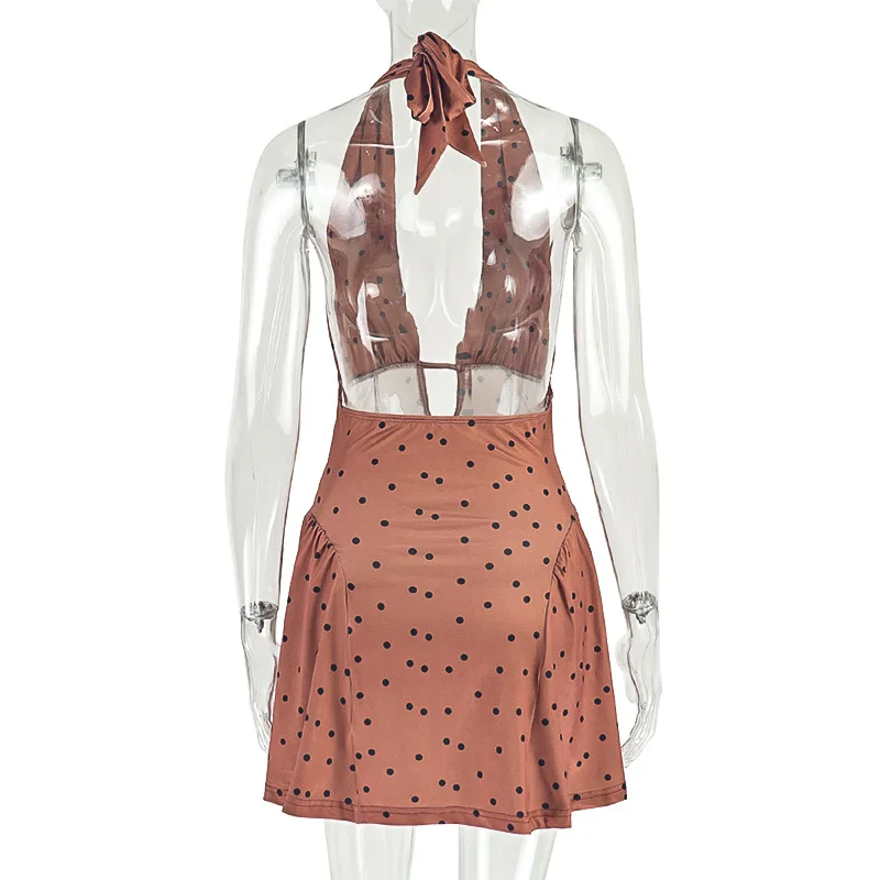Elegante LADY Polka Dots Stampato Vestito 2025 Donne di Estate Halter Backless Scava Fuori Aderente Drappeggiato Club Mini Abiti Da Festa