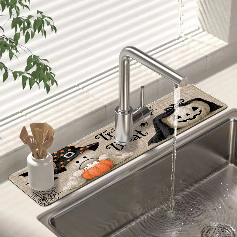 VIKAMA Halloween Ghost Pumpkin Printed Faucet Pad Absorbent Non Slip Pad Holiday Atmosphere Pad Home Decoration