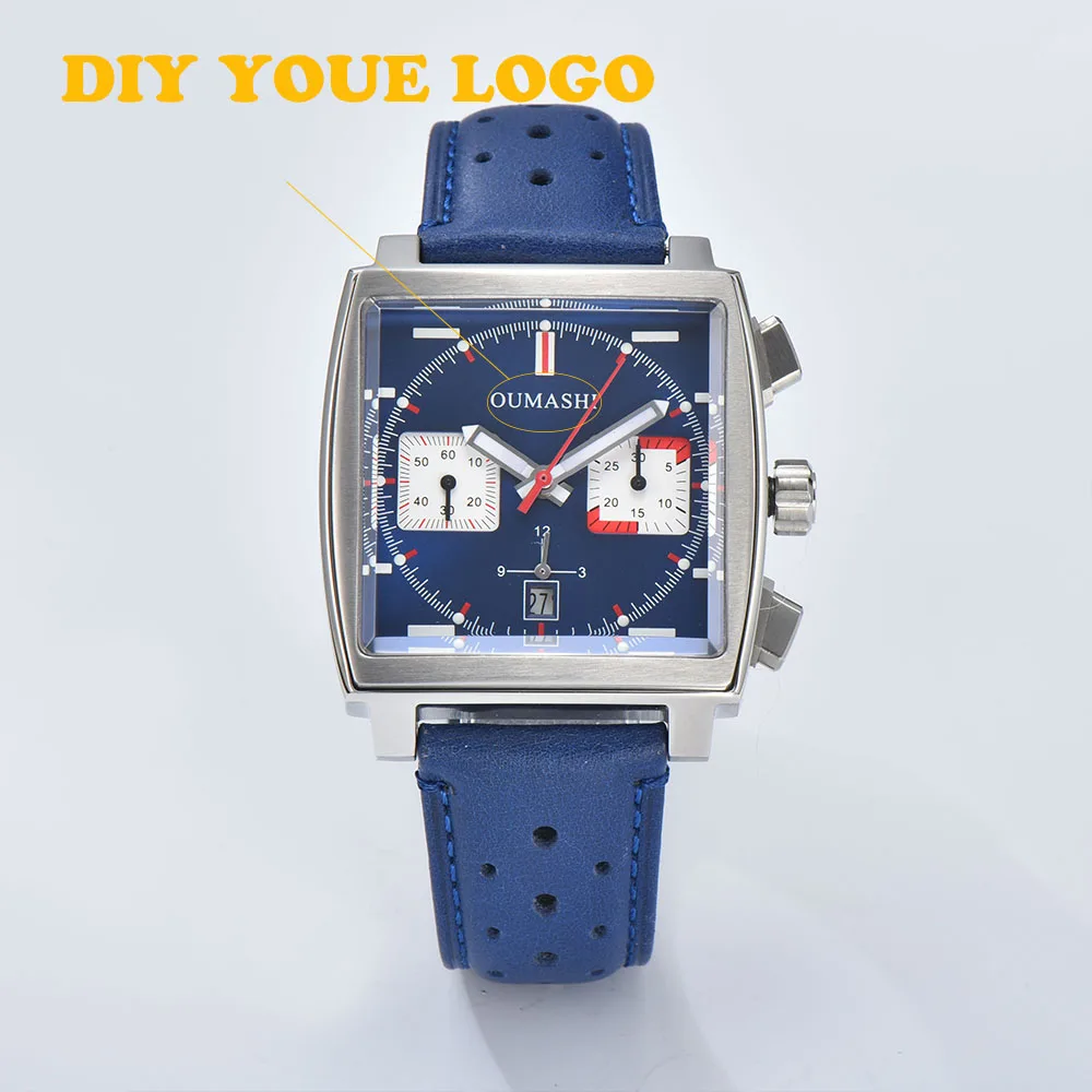 40mm square case 316L stainless steel 22cm strap 10bar waterproof sapphire glass 7750 ETA movement waterproof men's watch