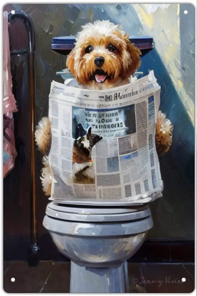 Dog Reading The Newspaper On Toilet Funny Tin Signs Wall Plaque Farmhouse Bathroom Wall Decor Dog Sitting in Toilet Poster for T