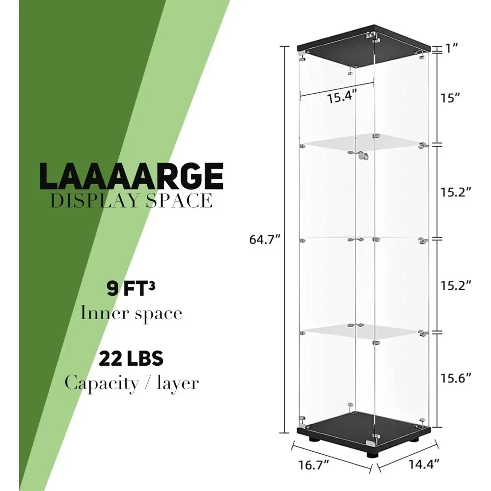 Display Cabinet with 4 Shelves, Floor Standing Glass Bookshelf, Quick Installation, Display Cabinet