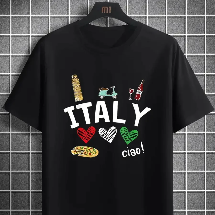 Creative Love Heart Italian Men'S Fashion Trend Pattern Printing, Men'S Round Neck Short-Sleeved T-Shirt, Vacation Camping Casu
