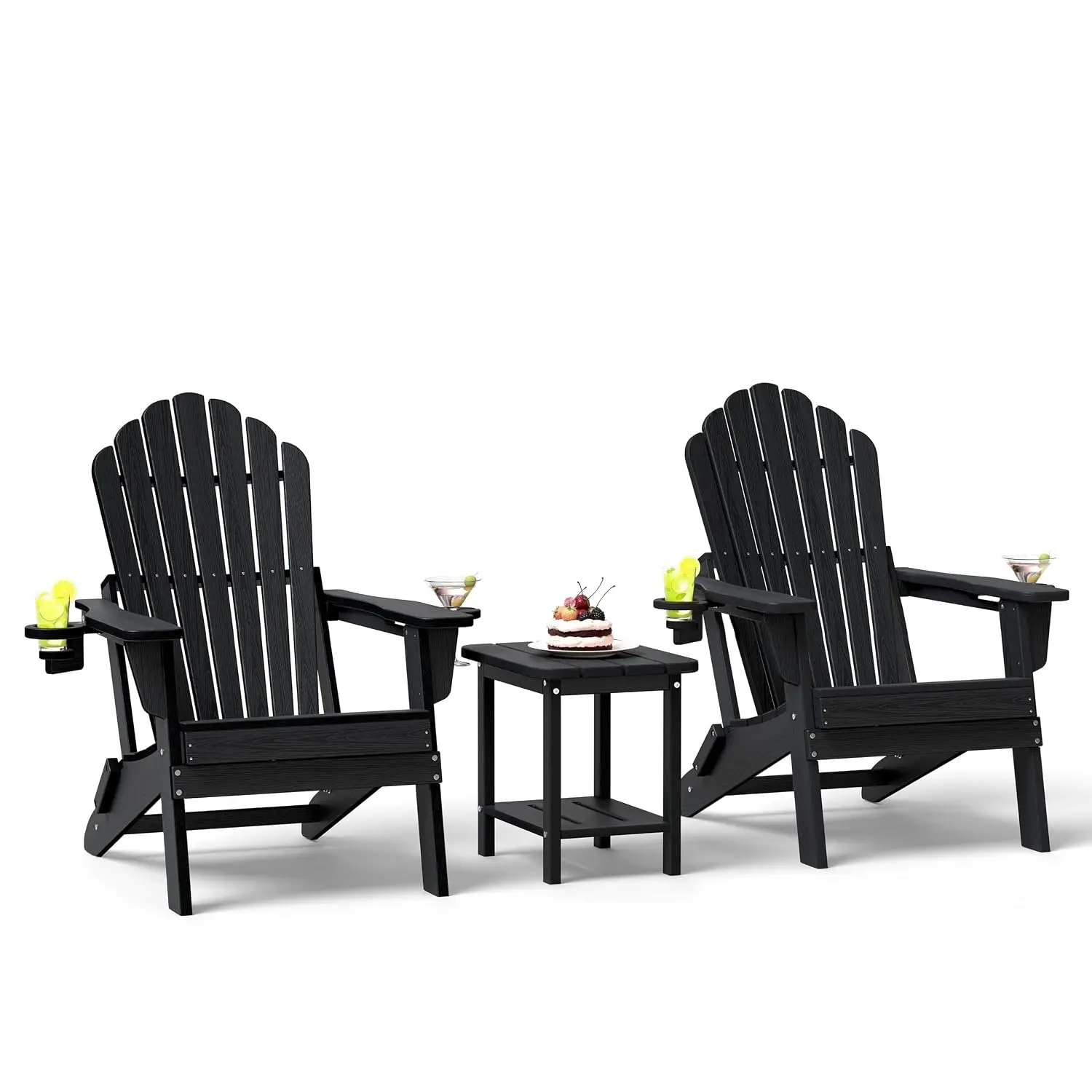 HDPE Folding Adirondack Chair Set 2 with Table, 3-Piece Patio All Weather Fire Pit Cup Holders  Faux Wood Garden, Customized