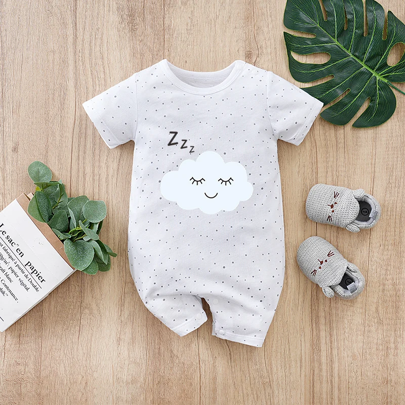 

Newborn boys, girls, and babies summer white short-sleeved, clouds, full print, small polka dots, cotton soft and comfortable ro