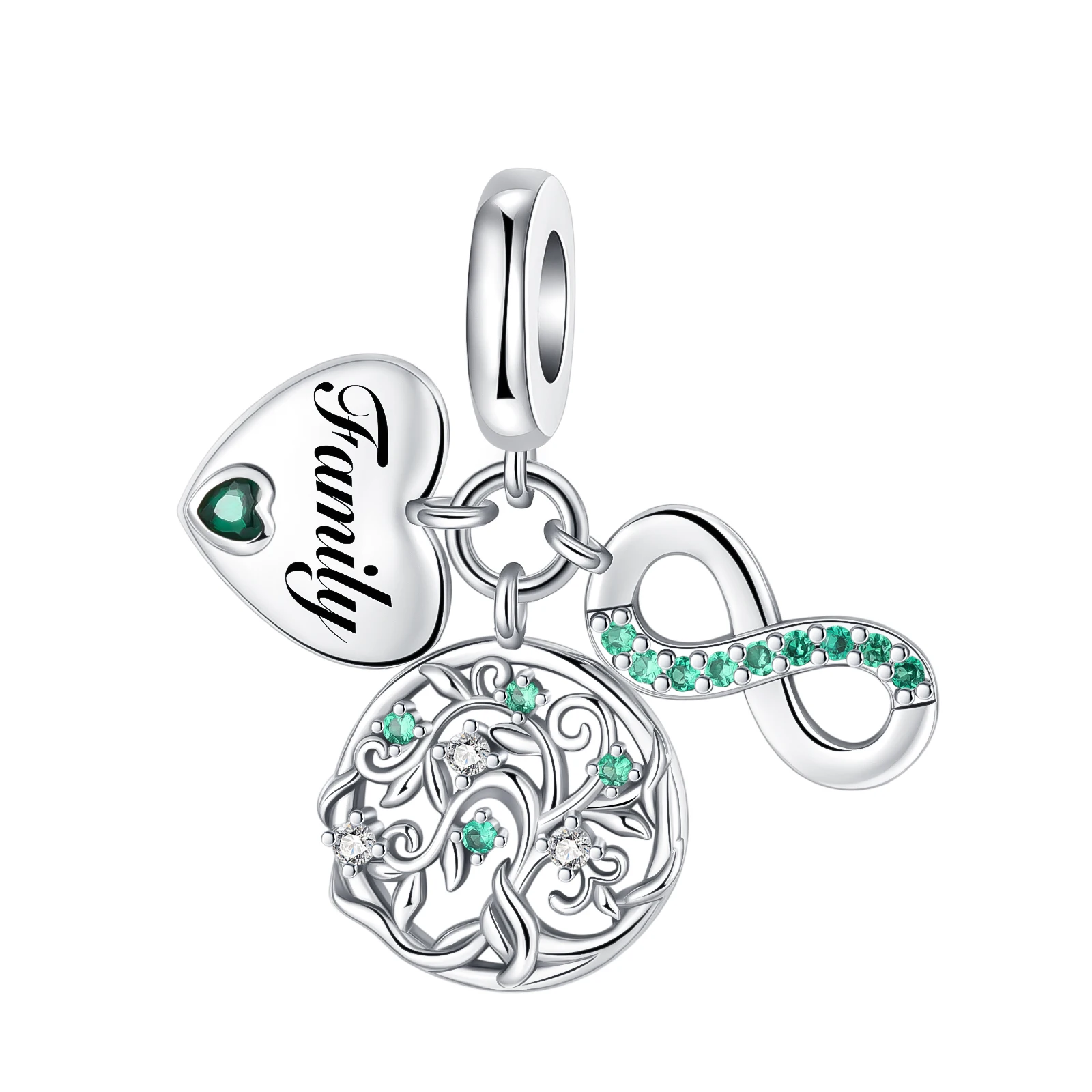 Colgante de Plata de Ley 925 con Dijes Triples Colgantes de Familia, Corazón, Árbol de la Vida y Símbolo de Infinito, Compatible con Pulseras, Regalo de Joyería DIY para el Amor Familiar