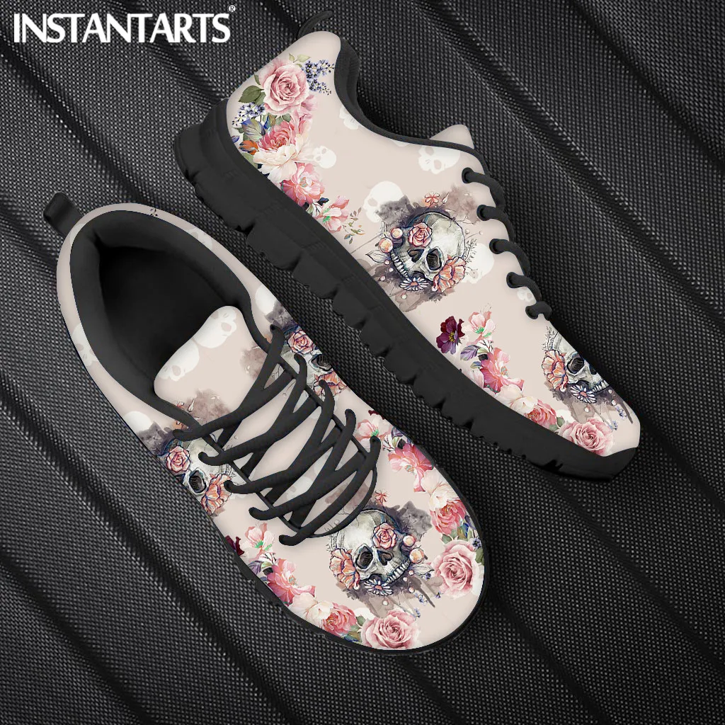 INSTANTARTS Spring Leisure Sneakers for Ladies Sugar Skull Pattern Gothic Flats Lace Up Shoes Comfort Air Mesh Footwear Zapatos