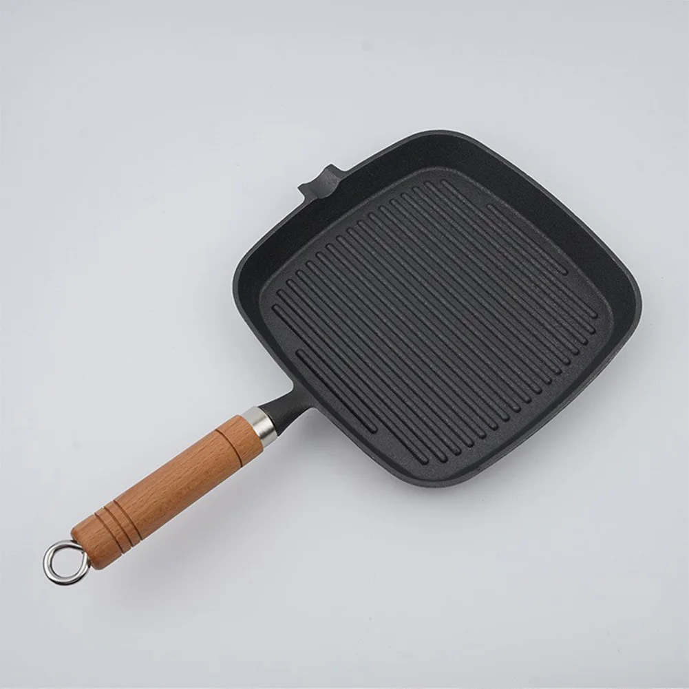 

Cast Iron Skillet Steak Pan with Wooden Handle Uncoated Non-stick Frying Pan Cooking Pot Camping Indoor and Outdoor Use