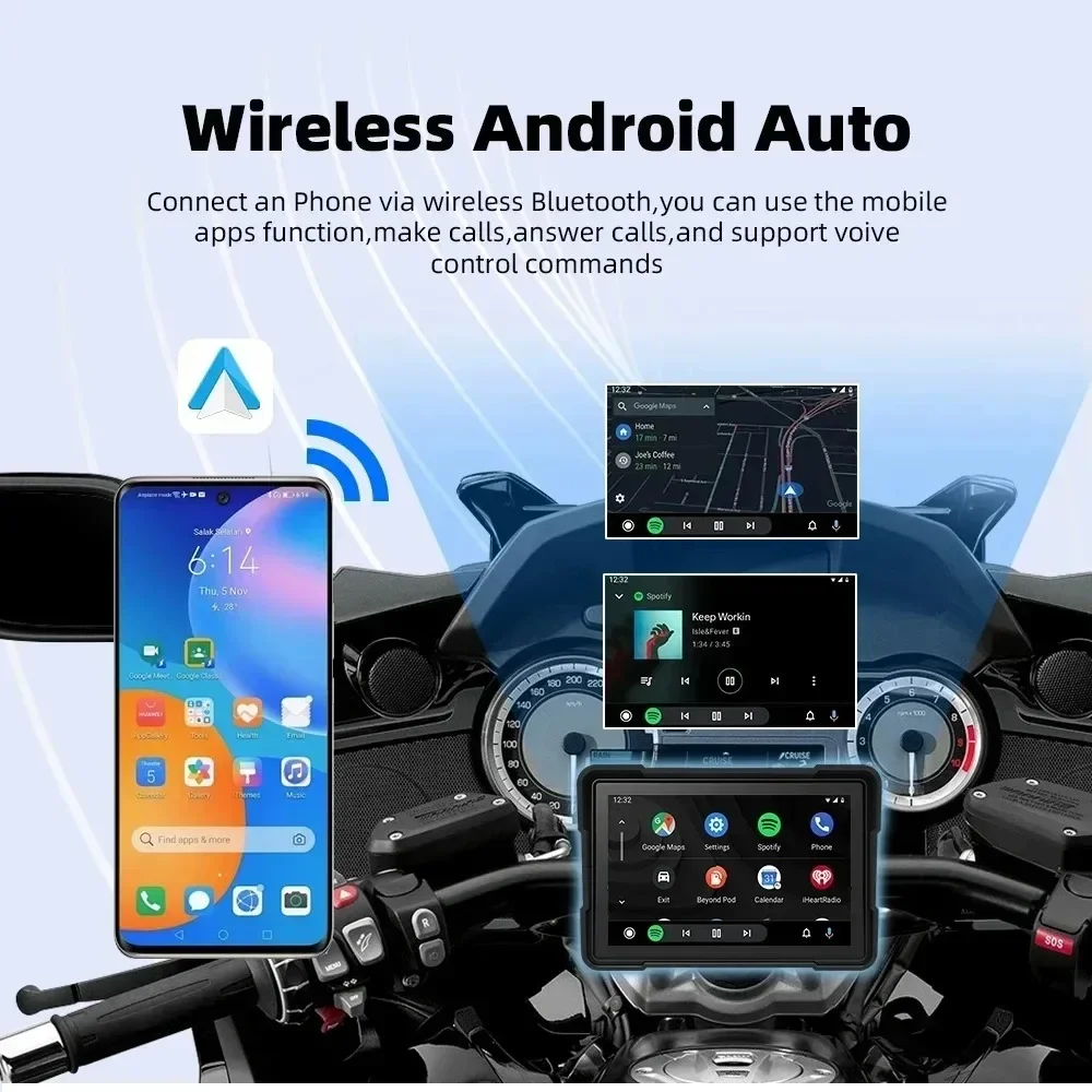 5 Inch Motorcycle Portable GPS Navigation Wireless Carplay Android Auto Display Touch Screen IP67 Waterproof Multimedia Player