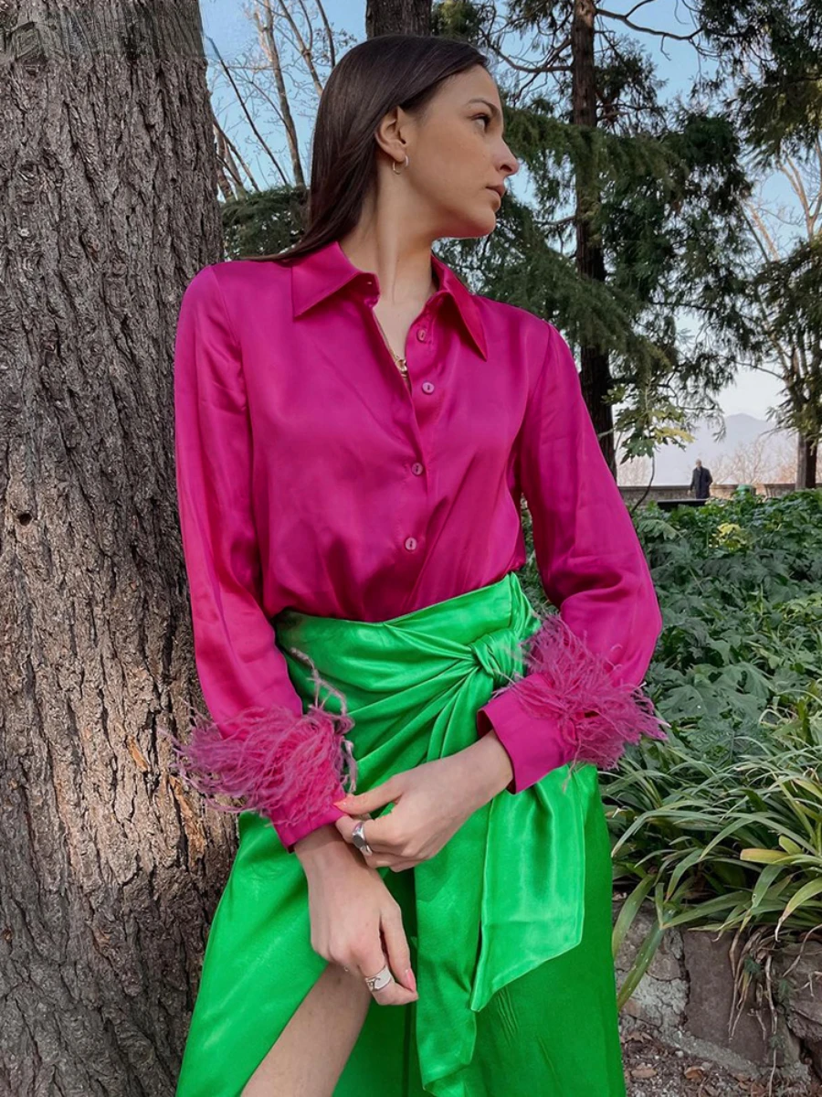 Wolfeel Feather Cuffs Elegant Women Feather Shirts Rose Pink Oversized Blouses And Tops Splicing Spring Satin Office Ladies