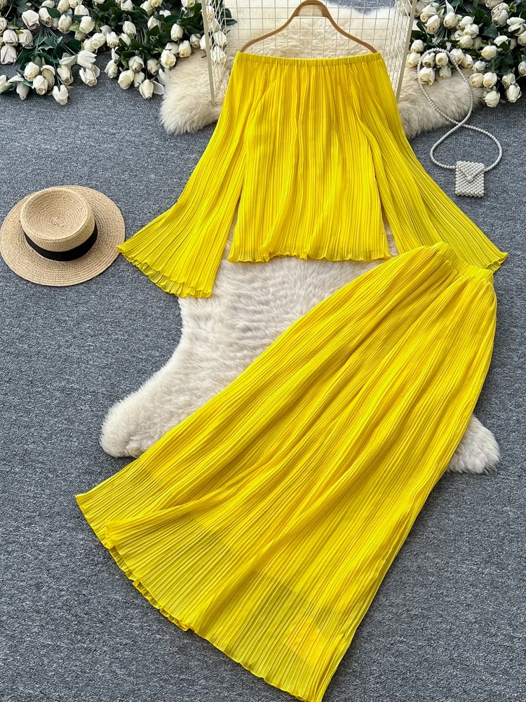 

Элегантный желтый комплект с юбкой миди на одно плечо и длинным рукавом для женщин: модный весенне-осенний ансамбль с юбкой А-силуэта с высокой талией