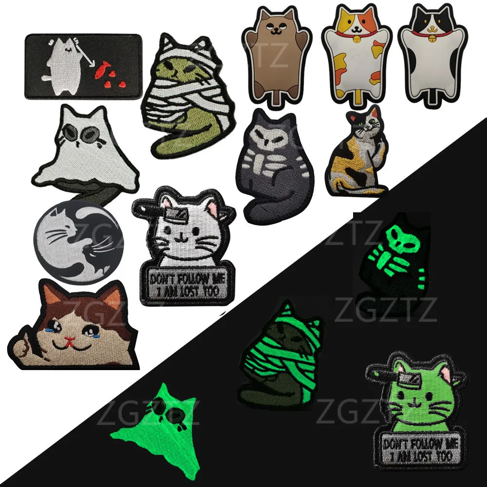 Meme Cat Glow In Dark Haftowana naszywka Meowdy Don't Follow Me I Am Lost Too Knife Kitten Aplikacja na odzież Naklejki PVC