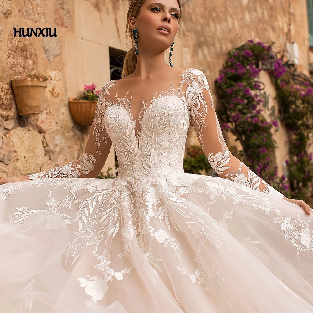 Precioso vestido de novia de manga larga, vestido de princesa con cuello de cuchara, cola, corte, largo hasta el suelo