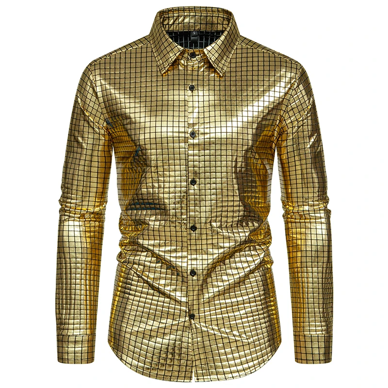 Spring Men's Long Sleeve Shirts Fashion Stylish Square Plaid Hot Stamping Print Shirt Men Stage Costume Banquet Nightclub Shirt
