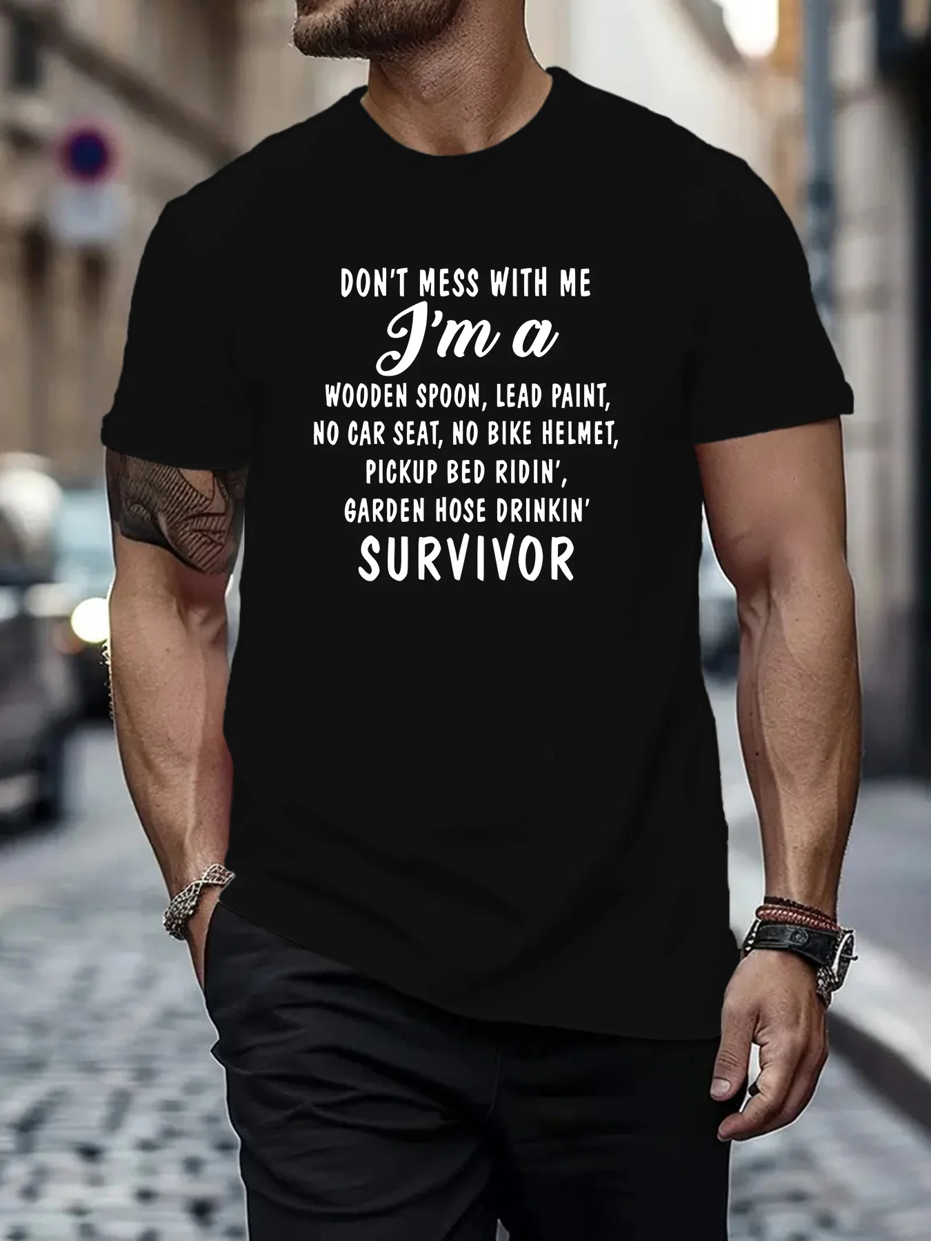 

Don'T Mess with Me I'M a Survivor Print, Men's Round Crew Neck Short Sleeve T-Shirt Lightweight Top for Summer Daily Wear