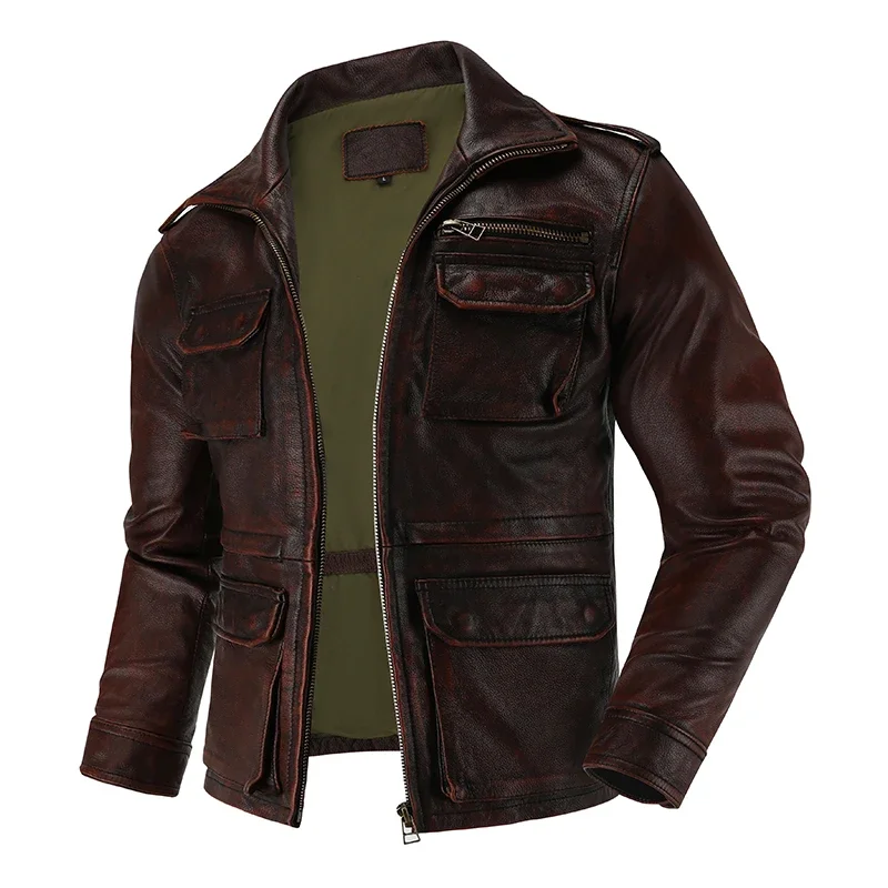 Pure First-Layer Cowhide Leather Jacket M65 Hunting Suit Men\'s Leather Jacket Slim Lapel Mid-Length Casual Large Size Jacket