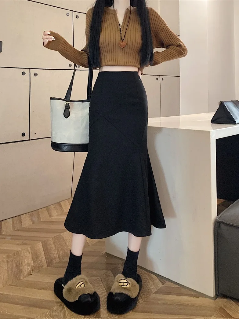 카라멜 울 스커트 여성용 가을 겨울 신상 하이웨이스트 A라인 미디 기장 바디콘 피테일 스커트 여성 패션