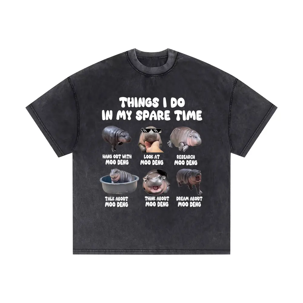 

Washed Vintage Things I Do in My Spare Time Baby Hippo Moo Deng Funny Meme T Shirts Men Women Casual Cotton Oversized T-shirts