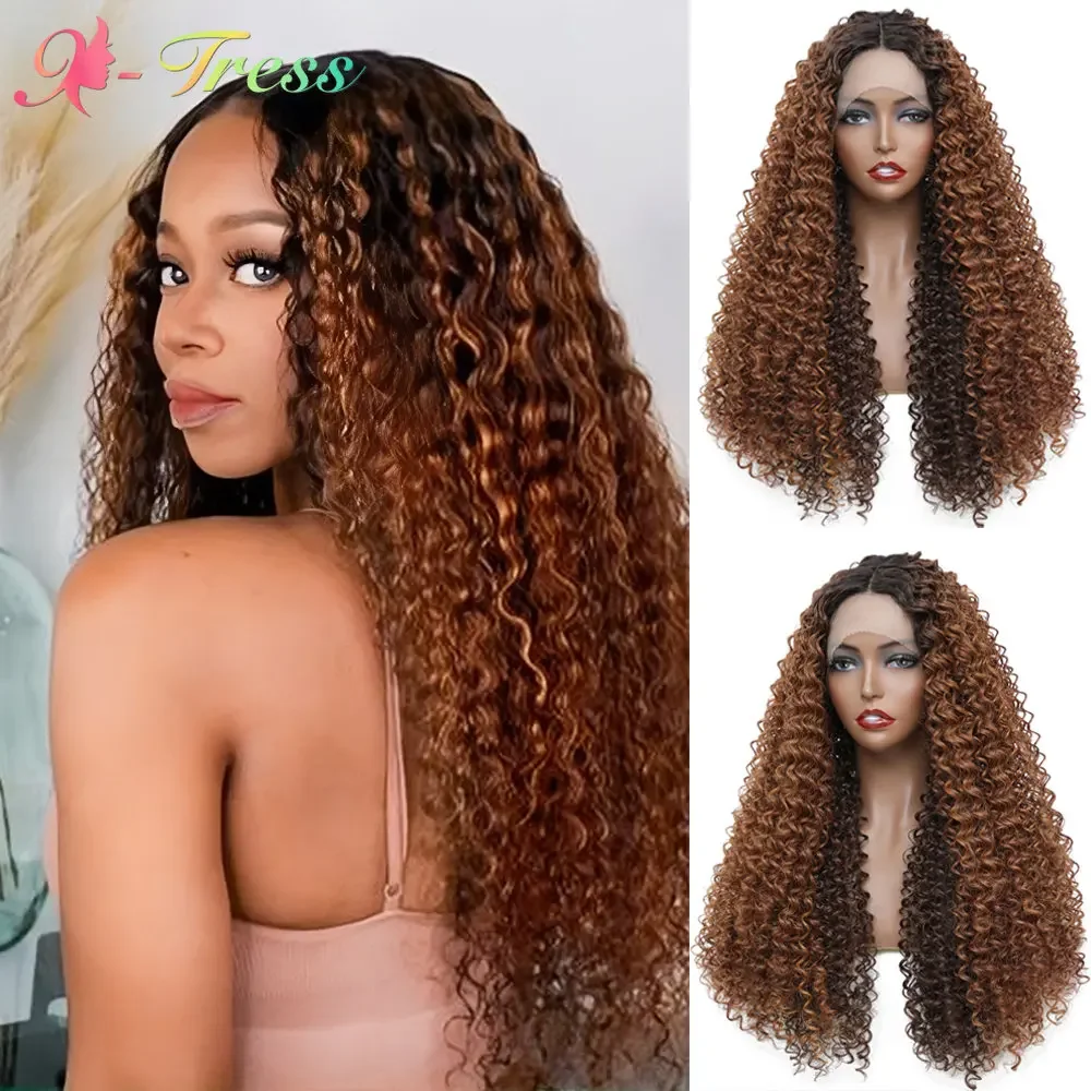 

X-TRESS Honey Blonde Synthetic Lace Front Wig for Women Fluffy Deep Wave Middle Part Lace Wigs With Baby Hair Heat Resistant