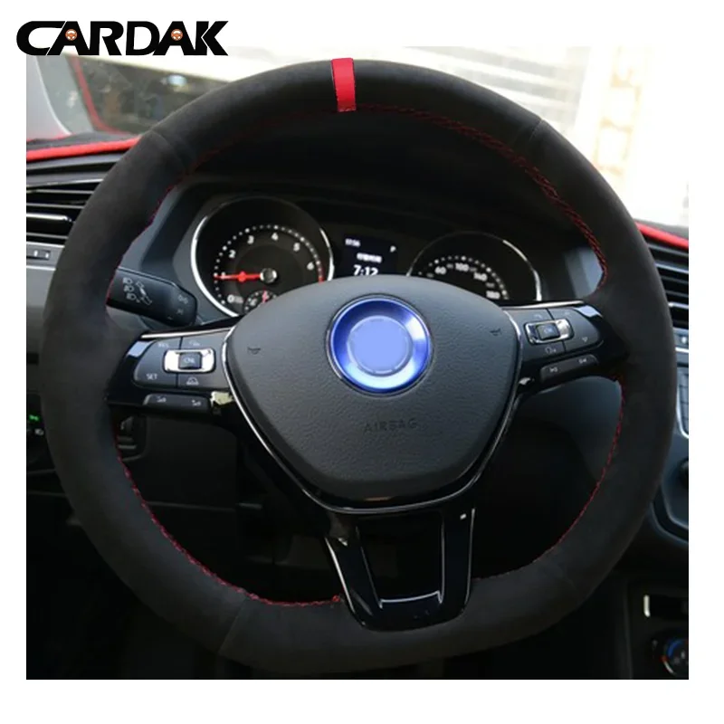 CARDAK Hand-stitched Black Carbon fiber Leather Suede Steering Wheel Cover for Volkswagen VW Golf 7 Mk7 New Polo Jetta Passat B8