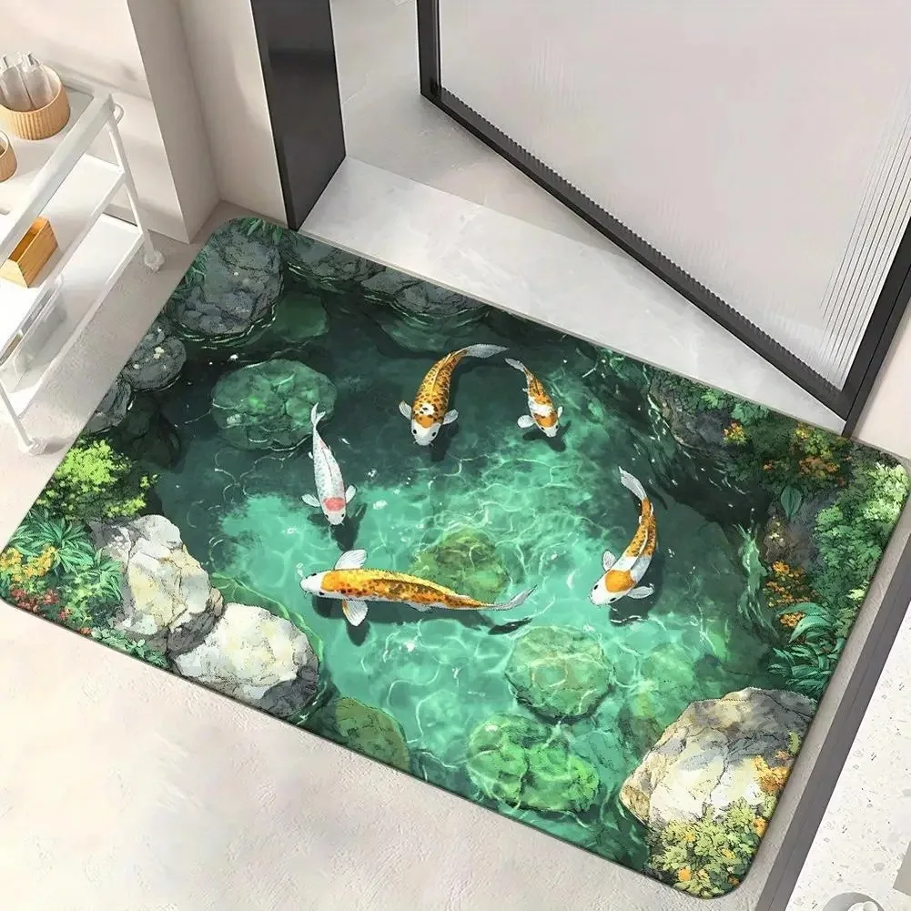 Koi Fish Pond Area Rug Vivid Rock Pool Water Landscape Pattern Non‑Slip Floor Rug for Entrance Bathroom Living Room Home Decor