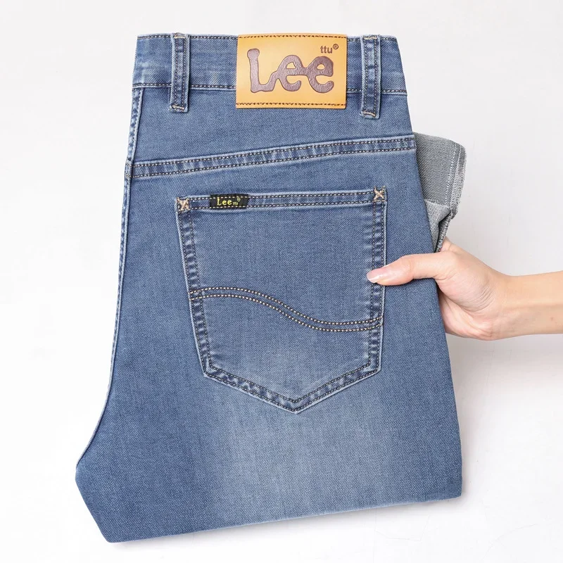 Leettu الربيع الصيف رقيقة الأعمال الجينز الرجال فضفاضة مستقيم الساق مرونة منتصف العمر عالية الخصر غسلها السراويل الزرقاء #2