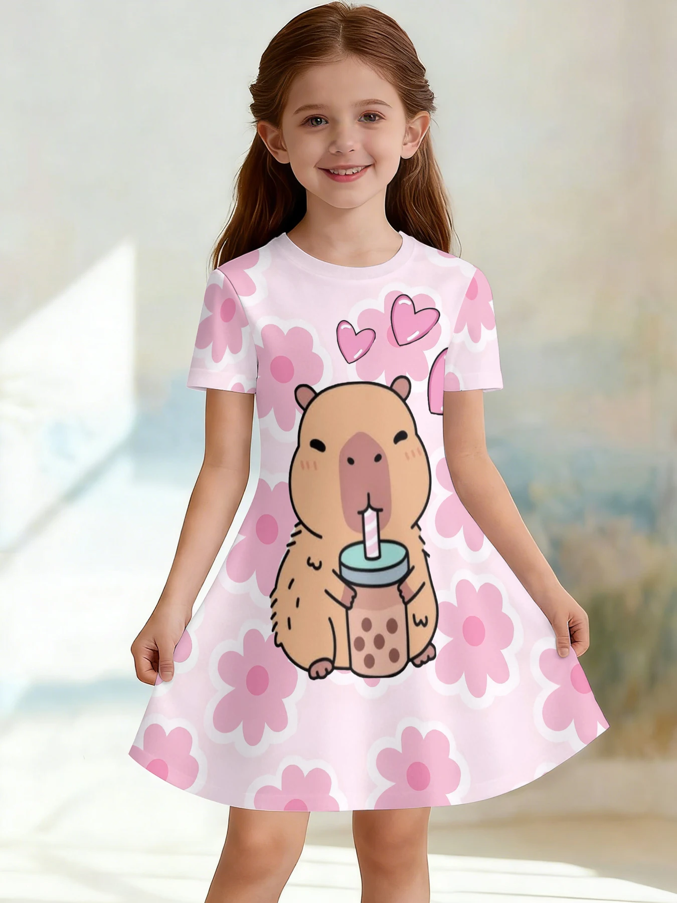 Girls 3D Crew Neck A-line Dress, yellow-brown color-block all-over cute capybara print, perfect for parties and birthday gifts.