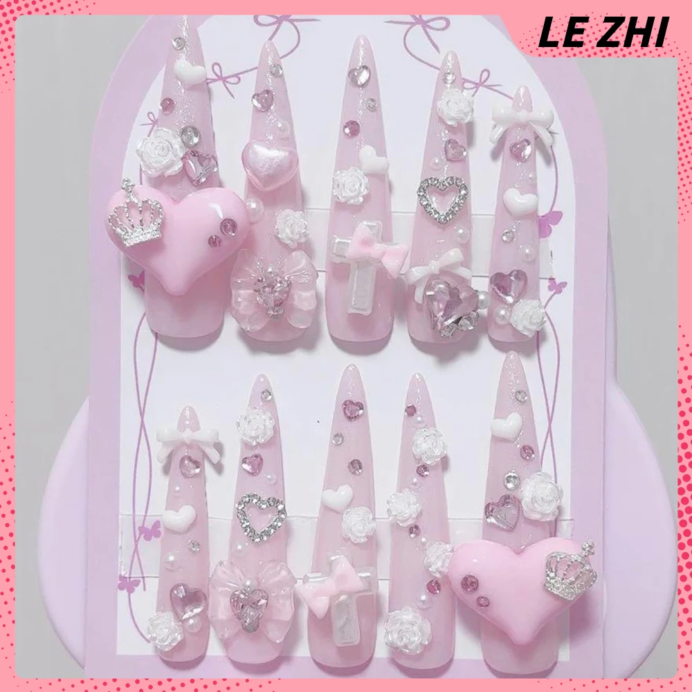 Cartoon Stiletto Cute Rabbit Press On Nails Art Stickers Retro Y2K Strawberry Wings Love Cat Paws Manicure Diamond Fake Nails view 3