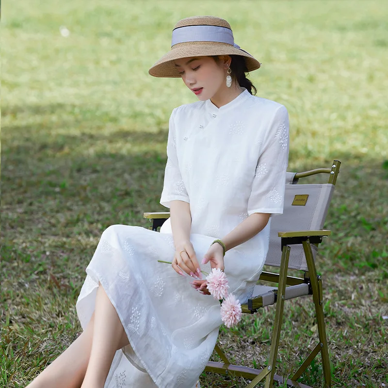 

New embroidery improved cheongsam collar solid color waist thin a word large size women's clothing ramie white fashion casual ve