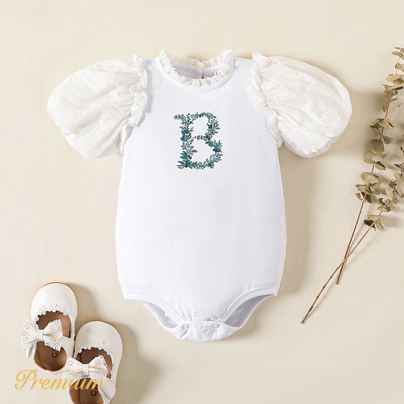 

PP PatPat Baby Girl Cotton Letter Embroidered Frill Neck Puff-sleeve Romper