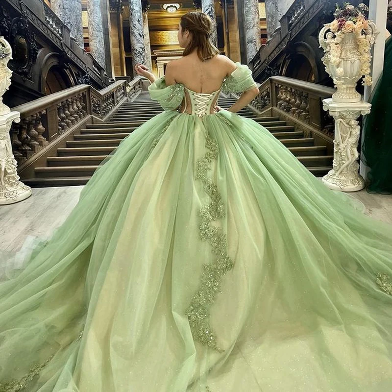 ANGELSBRIDEP-vestido para quinceañeras verde con hombros descubiertos, apliques florales hechos a mano con cuentas, Vestidos De 15 años personalizados