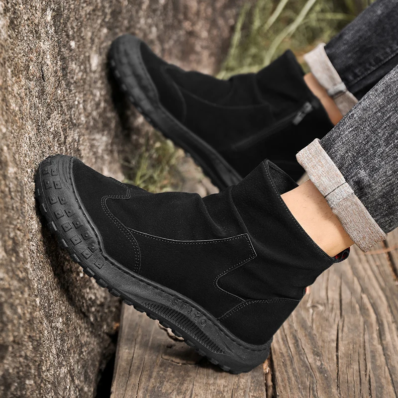 Botas de hombre, zapatos de trabajo de corte alto, botas planas de moda, otoño, nueva cremallera plisada, antideslizante, cómoda, suela gruesa, resistente al desgaste