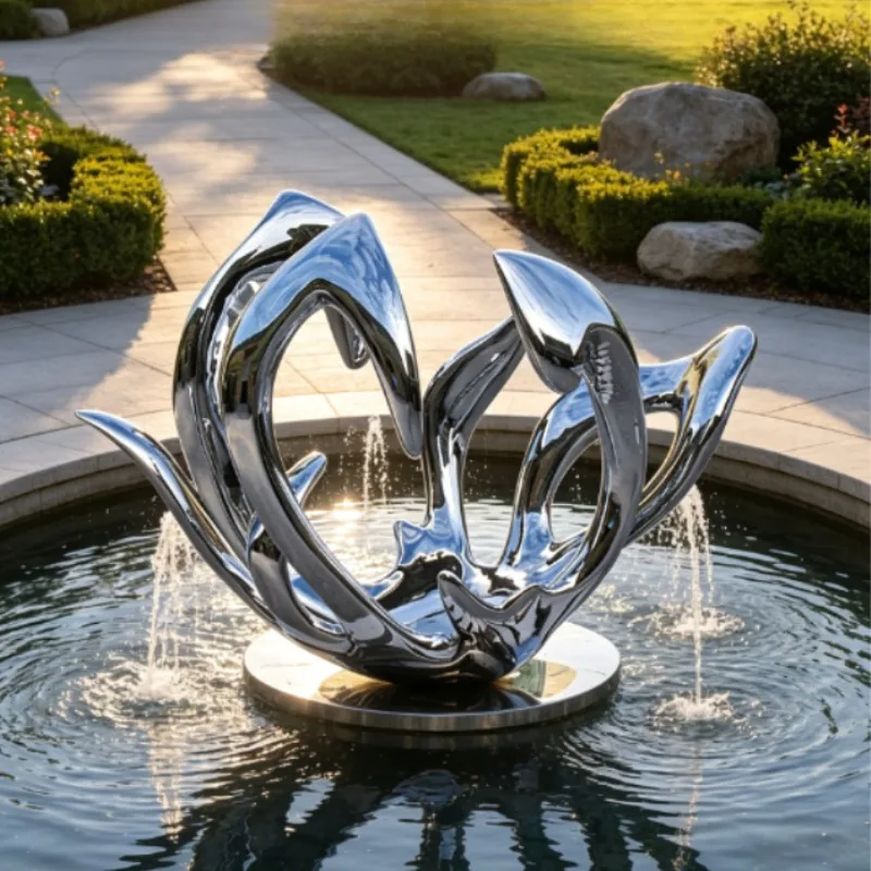 Intertwined Curved Petal Hollow Loop Mirror Metal Sculpture Outdoor Plaza Pool Large Landscape Seamless Integrated Art Ornament