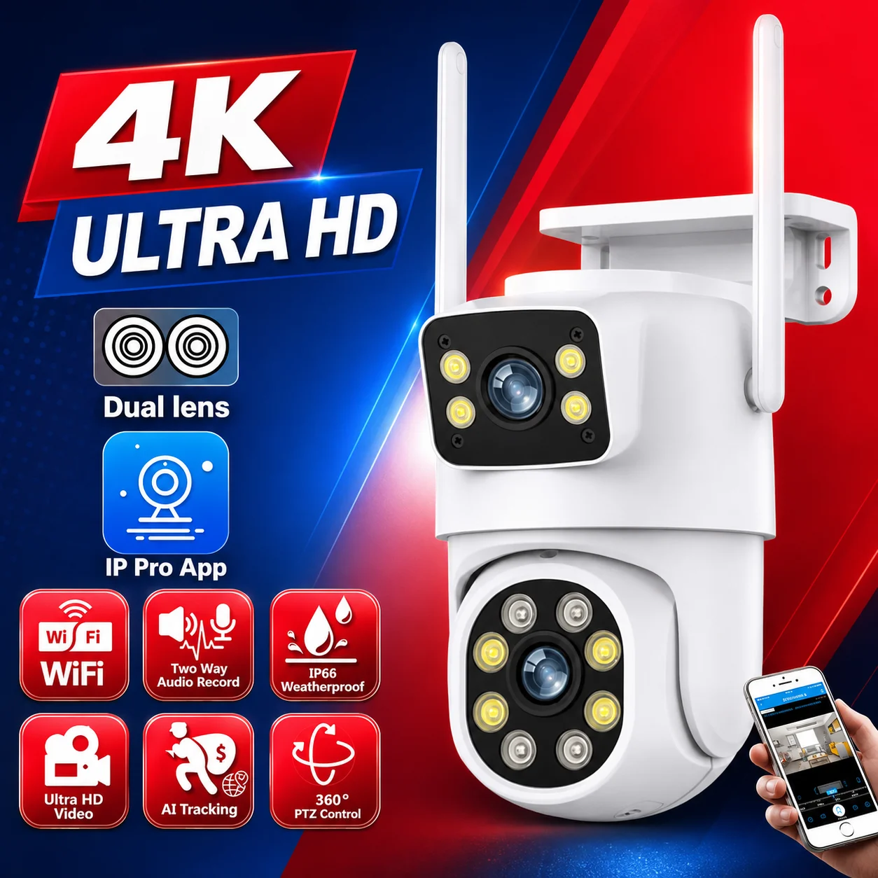 Outdoor Wireless Security IP Camera 4K 8MP HD Dual Lens External Wifi PTZ Camera Auto Tracking Street Surveillance Camera ICsee